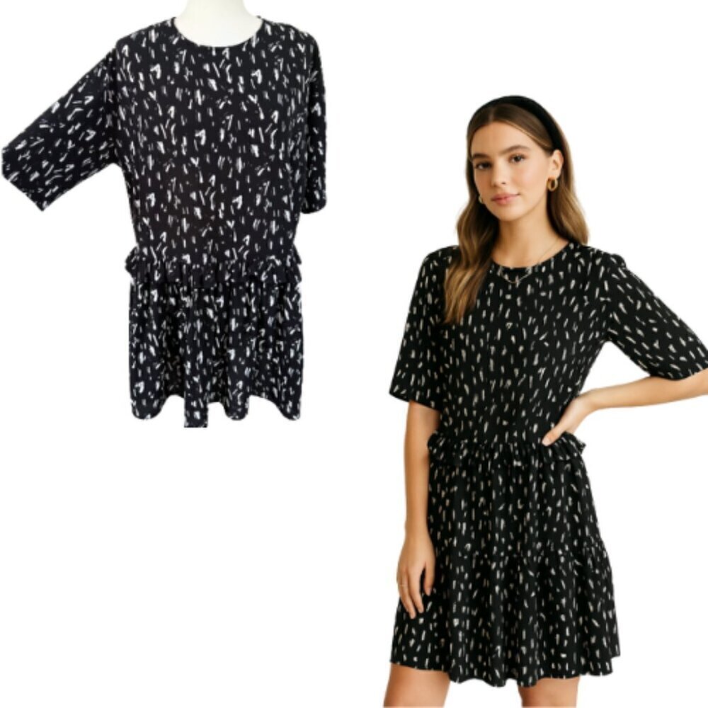 ASOS Mini Smock Dress Black White Abstract Print Size 6